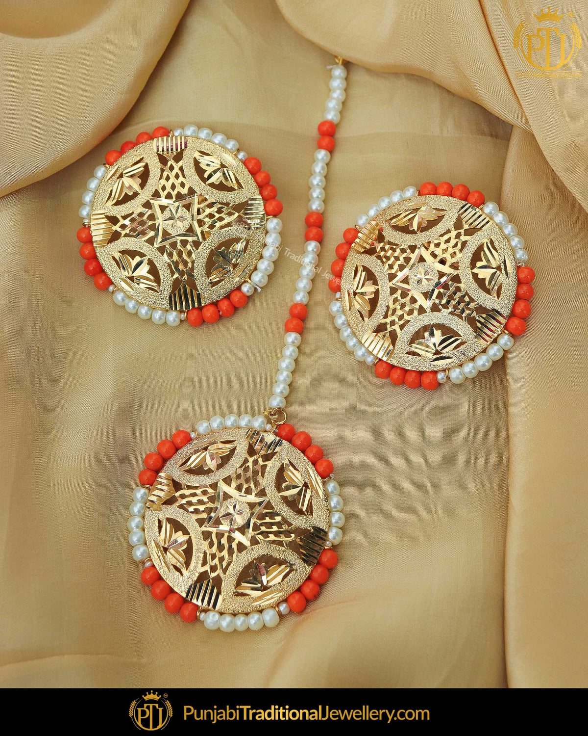 Gold Finished Orange Jadau Stud Pearl Earring Tikka Set | Punjabi Traditional Jewellery Exclusive
