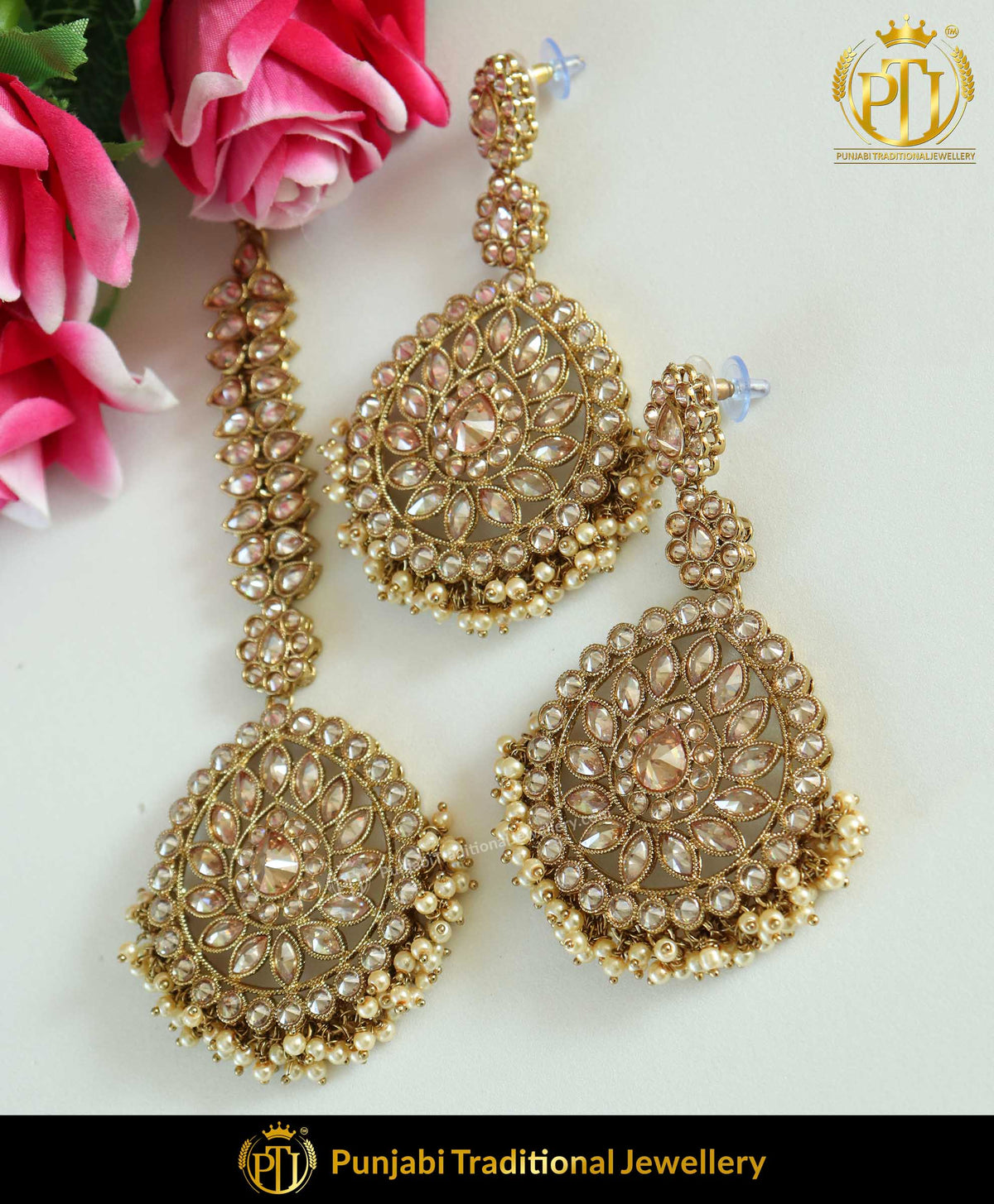 Antique Gold Finised Champagne Stone Earring Tikka Set | Punjabi Traditional Jewellery Exclusive