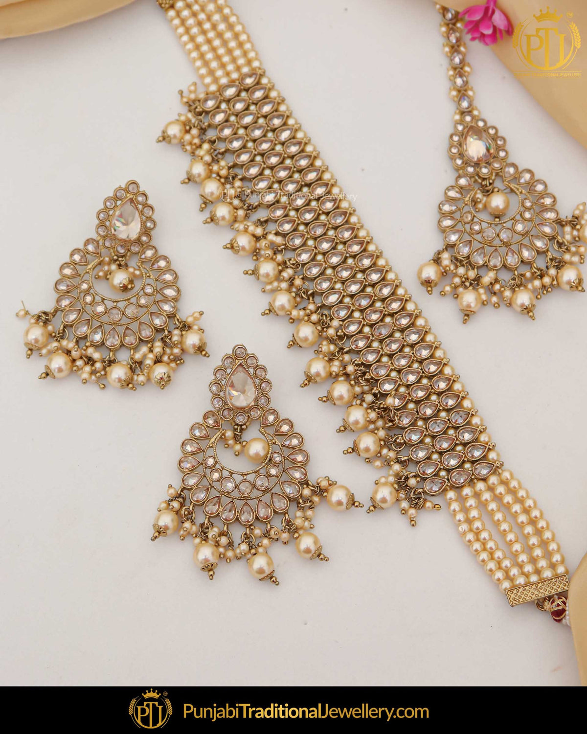 Gold Finished Champagne Stone Pearl Choker Necklace Set | Punjabi Traditional Jewellery Exclusive
