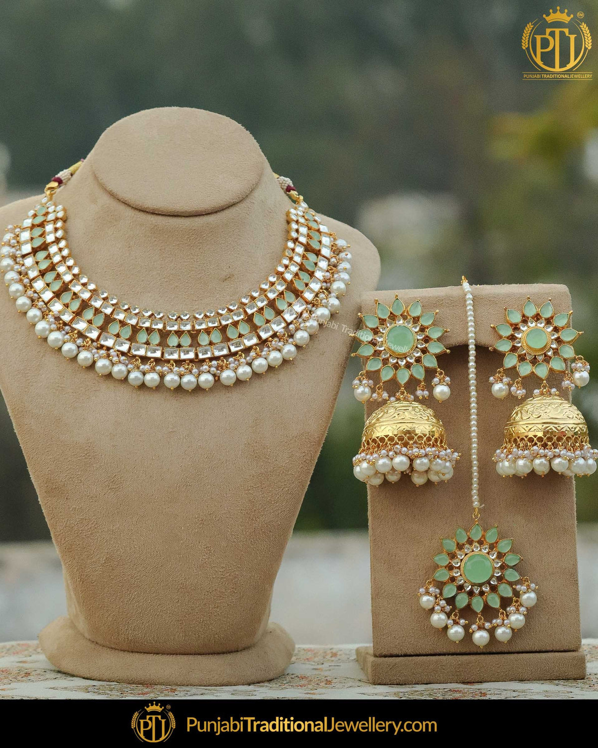 Gold Finished New Jade Pearl Bridal Necklace Set | Punjabi Traditional Jewellery Exclusive