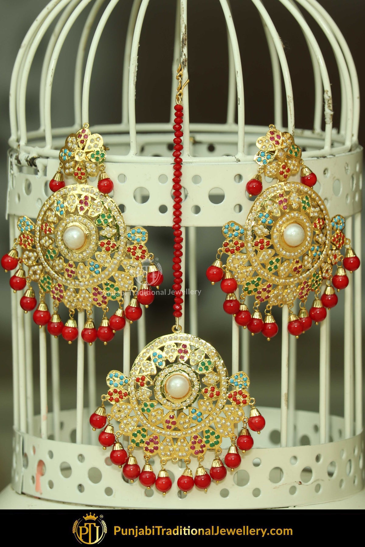 Gold Finished Red Jadau Pearl Earring Tikka Set | Punjabi Traditional Jewellery Exclusive