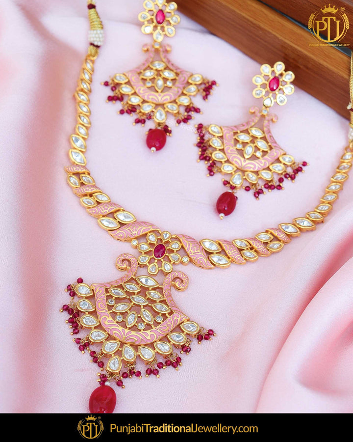 Hand Painted Pink Meena Rubby Kundan Pearl Necklace Set | Punjabi Traditional Jewellery Exclusive