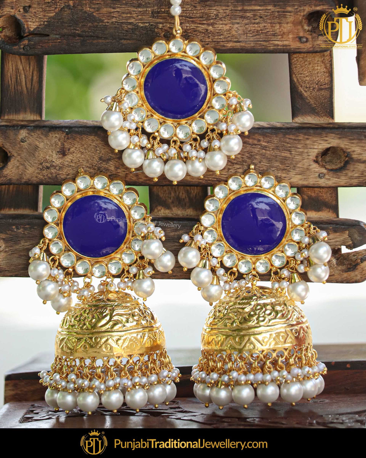 Gold Finished Kundan Pearl Jhumki Blue Earrings & Tikka  | Punjabi Traditional Jewellery Exclusive