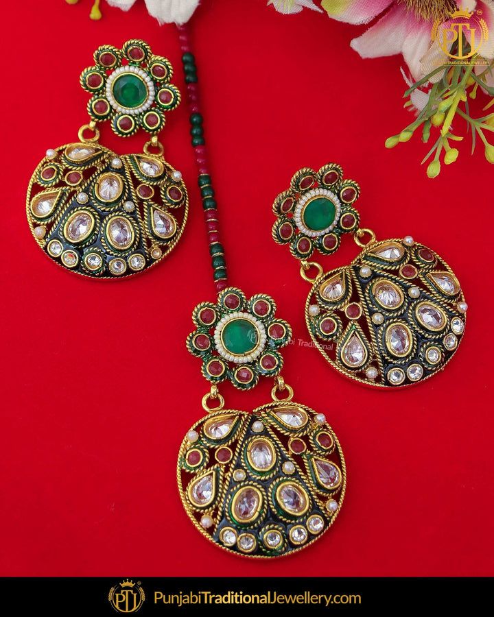 Hand Painted Meena Polki Stone Emerald Rubby Pearl Earring Tikka Set | Punjabi Traditional Jewellery Exclusive