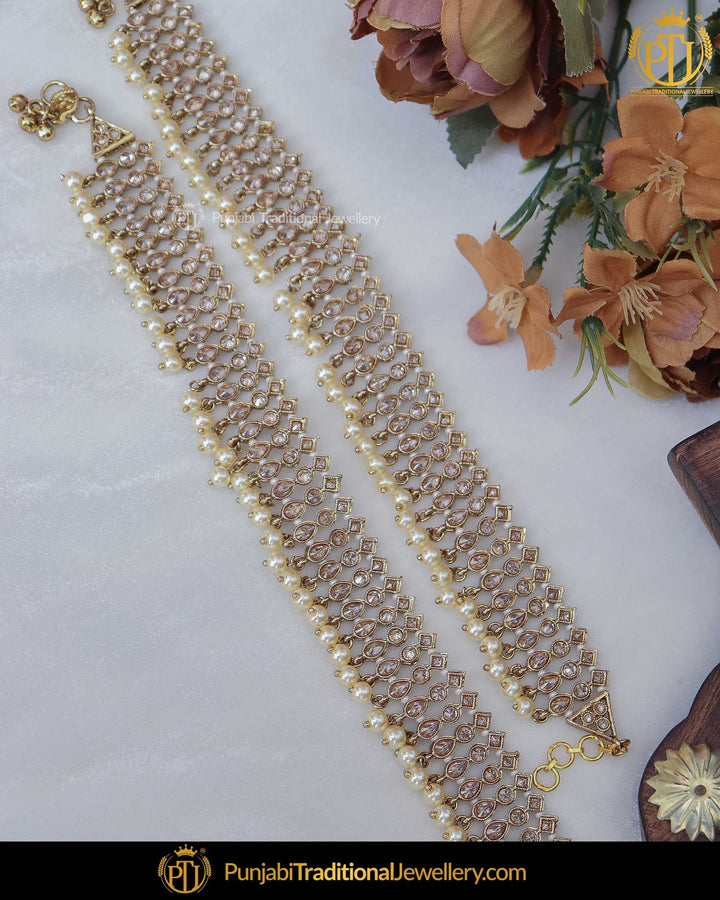 Gold Finished Champagne Stone Pearl Payal | Punjabi Traditional Jewellery Exclusive