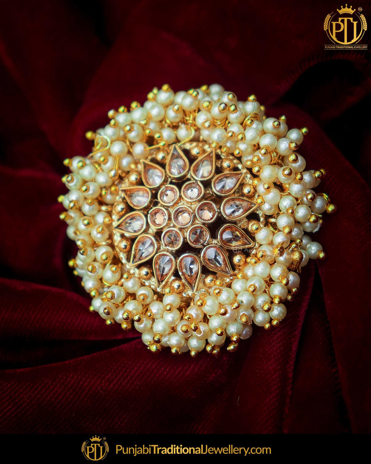 Gold Finished Pearl Champagne Stone Ring | Punjabi Traditional Jewellery Exclusive