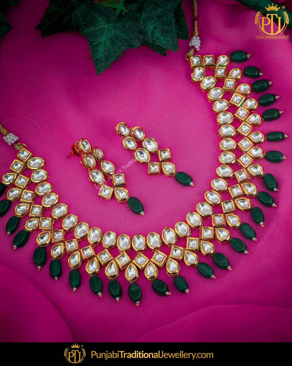Gold Finished Emerald Kundan Pearl Necklace Set | Punjabi Traditional Jewellery Exclusive