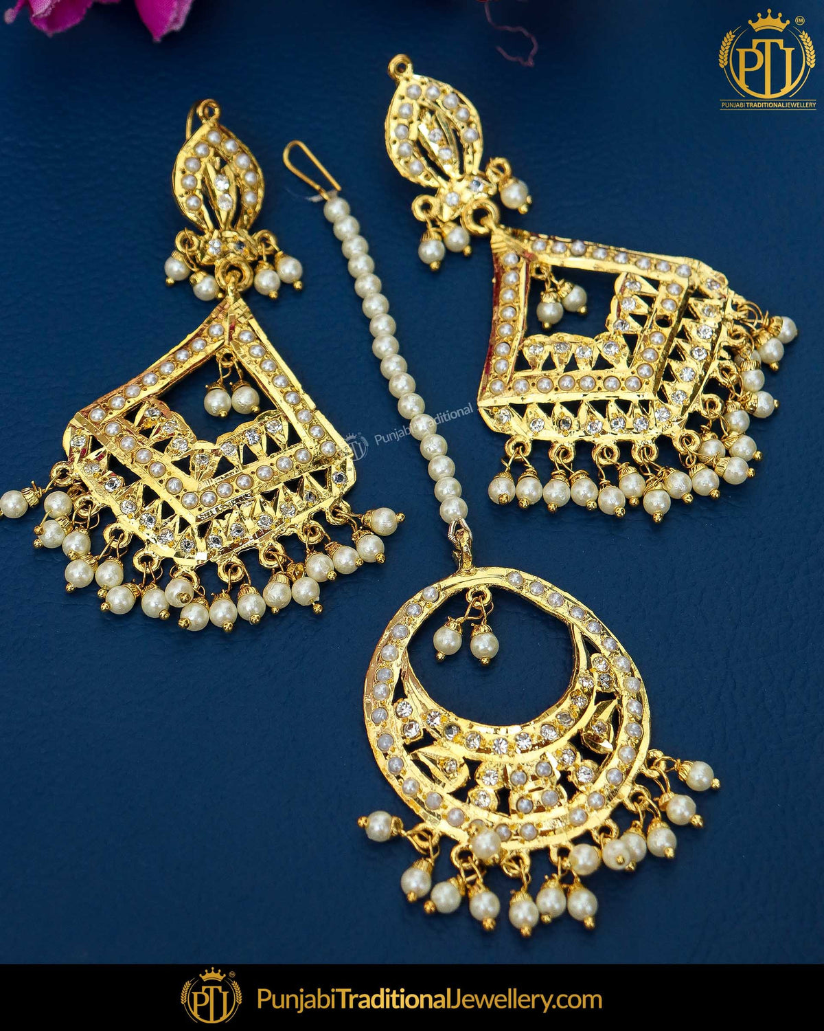 Gold Finished Pearl Jadau Earring Tikka Set | Punjabi Traditional Jewellery Exclusive