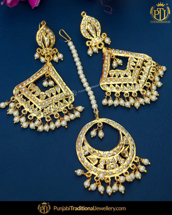Gold Finished Pearl Jadau Earring Tikka Set | Punjabi Traditional Jewellery Exclusive