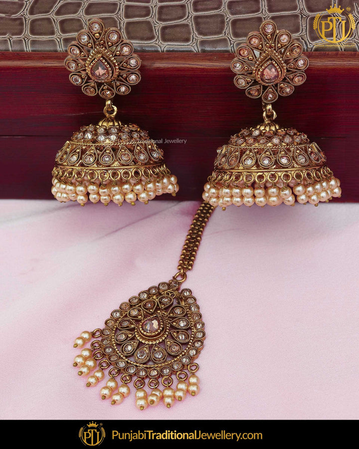 Antique Gold Finished Beige Color Champagne Stone Jhumki Earrings & Tikka | Punjabi Traditional Jewellery Exclusive