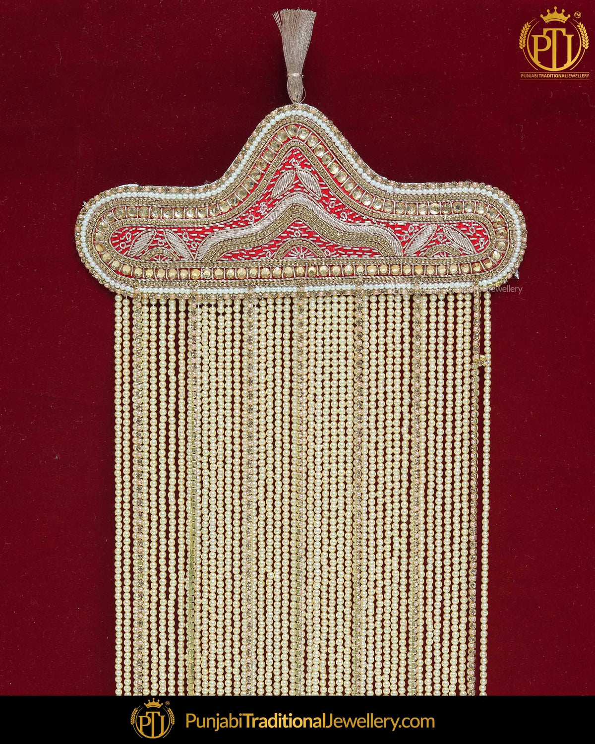 Red zari & Kundan Pearl Groom Sehra | Punjabi Traditional Jewellery Exclusive