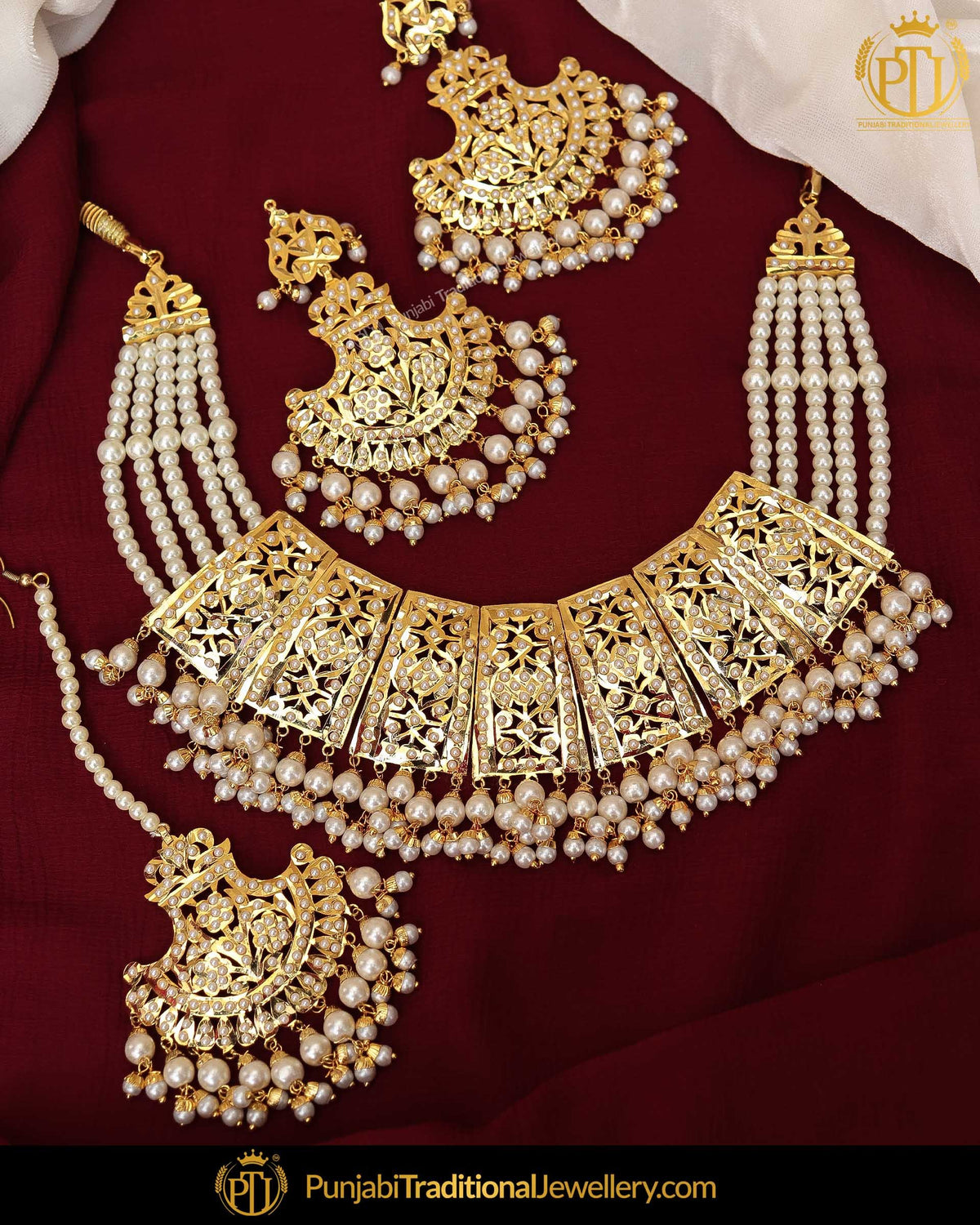 Gold Finished Jadau Pearl Necklace Set  | Punjabi Traditional Jewellery Exclusive