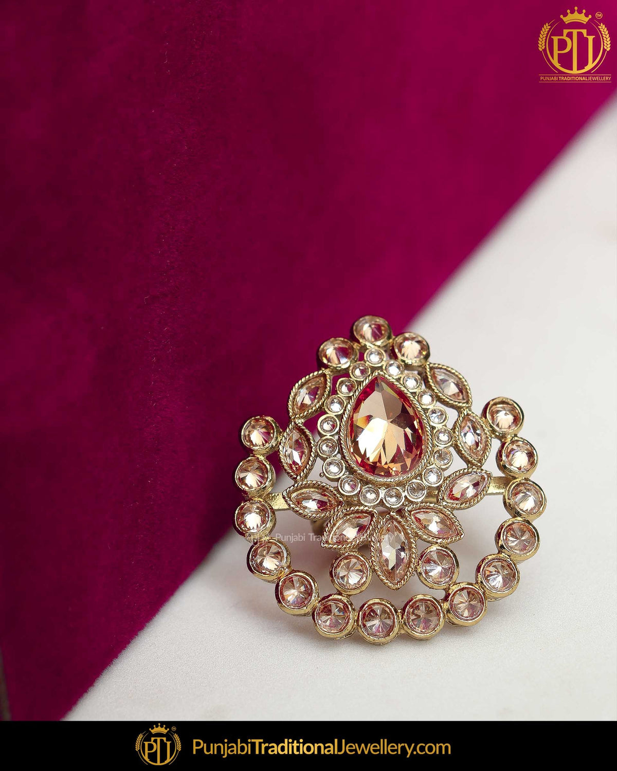 Gold Finished Pearl Champagne Stone Ring | Punjabi Traditional Jewellery Exclusive