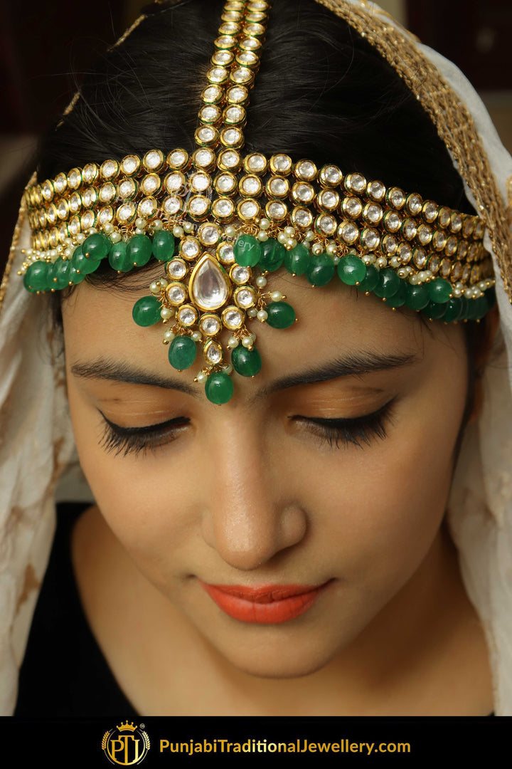 Gold Finished Kundan Emerald Matha Patti | Punjabi Traditional Jewellery Exclusive