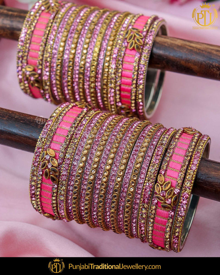 Antique Gold Finished Pink Thread Bangles Set (Both Hand Pair) | Punjabi Traditional Jewellery Exclusive