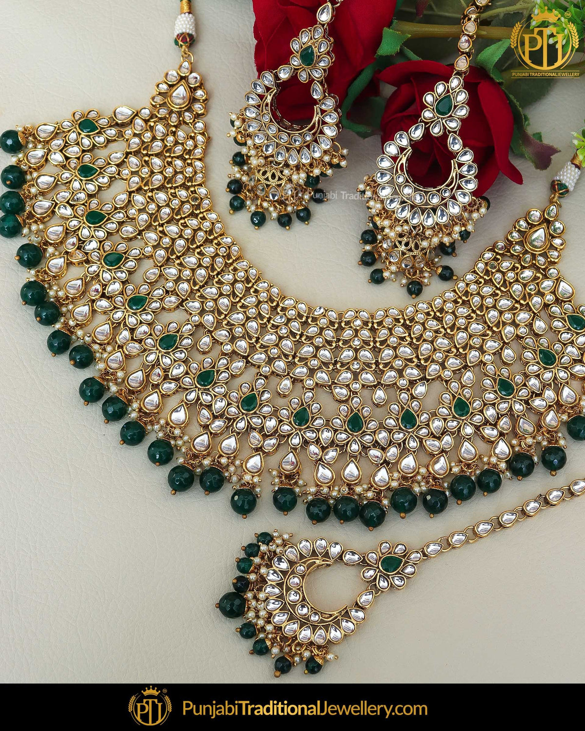 Gold Finished Emerald Kundan Pearl Choker Necklace & Sahare Earrings | Punjabi Traditional Jewellery Exclusive