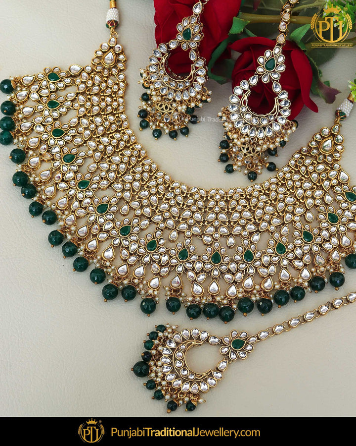 Gold Finished Emerald Kundan Pearl Choker Necklace & Sahare Earrings | Punjabi Traditional Jewellery Exclusive
