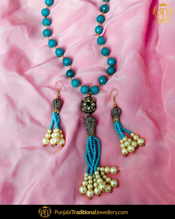 Gold Finished Firozi Pearl Kundan Mala Necklace Set | Punjabi Traditional Jewellery Exclusive