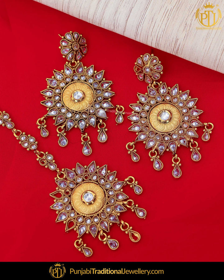Gold Finished Chamapgne Stone Pearl Earring Tikka Set | Punjabi Traditional Jewellery Exclusive
