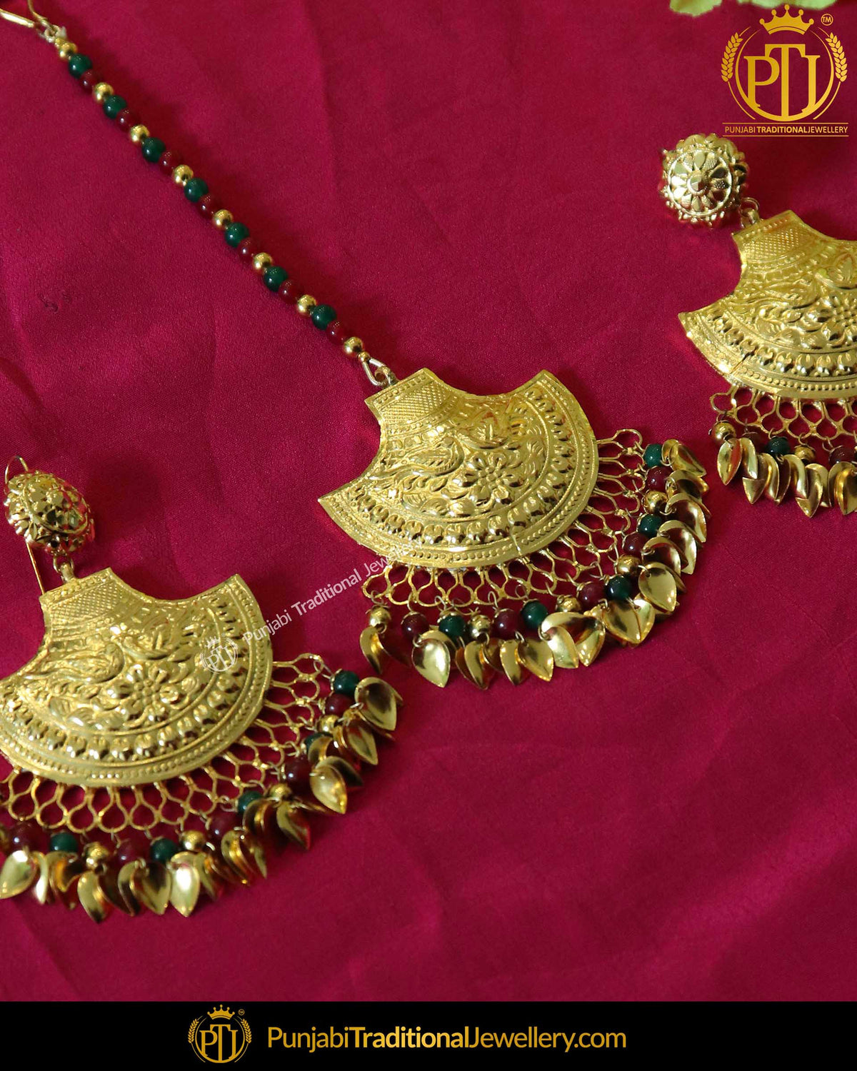 Gold Finished Emerald Pippal Patti Patra Earring Tikka Set | Punjabi Traditional Jewellery Exclusive