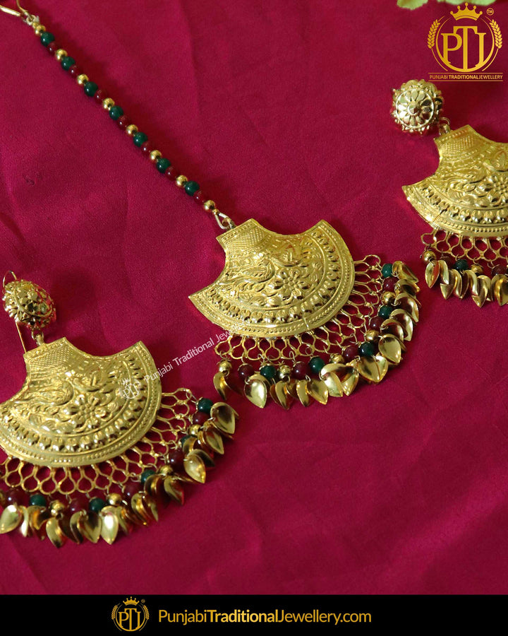 Gold Finished Emerald Pippal Patti Patra Earring Tikka Set | Punjabi Traditional Jewellery Exclusive