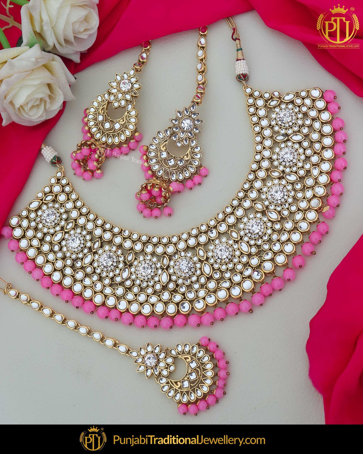 Gold Finished Kundan Pink Pearl Necklace Set | Punjabi Traditional Jewellery Exclusive