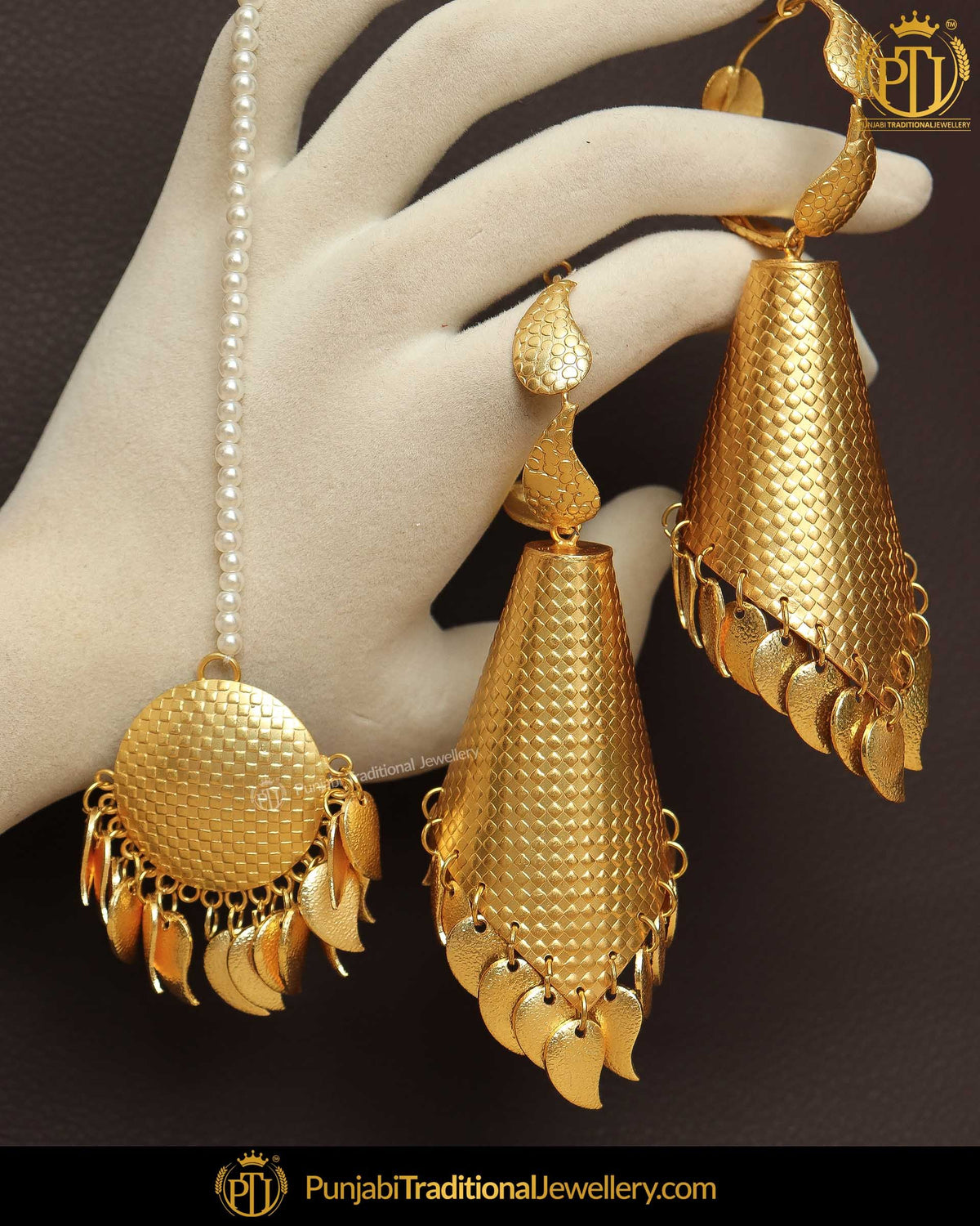Gold Finished Patra Pippal Patti Jhumki Earrings & Tikka Set | Punjabi Traditional Jewellery Exclusive