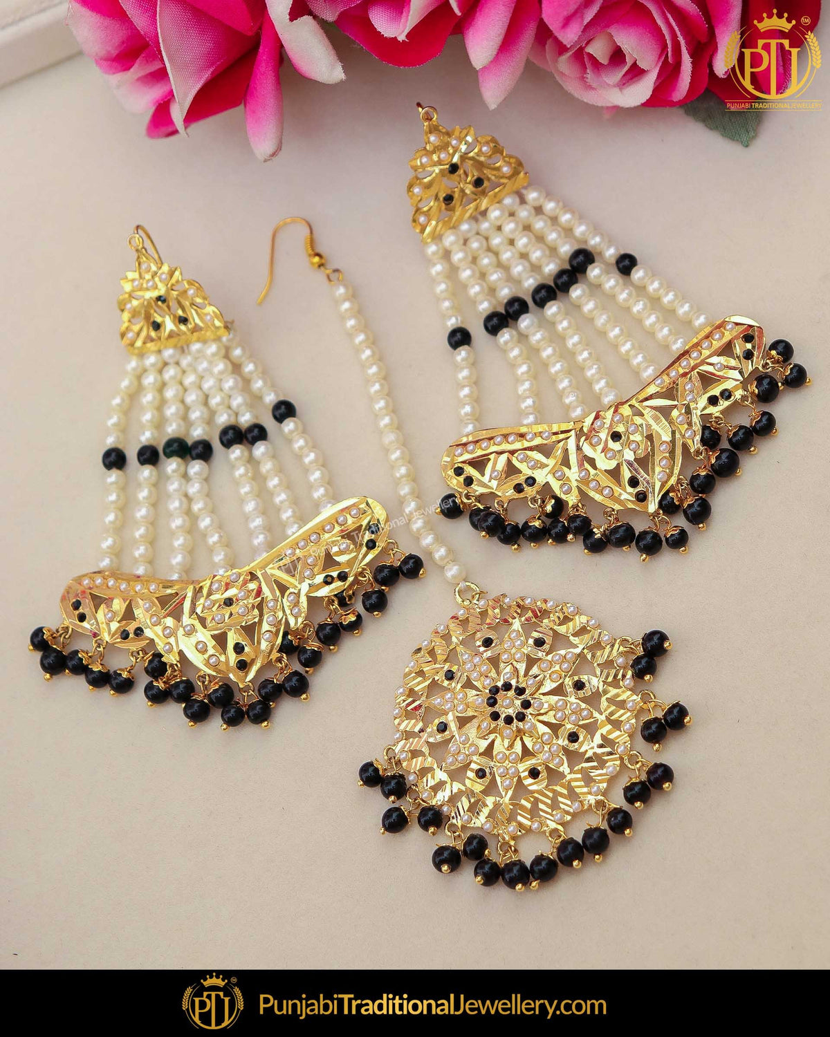 Gold Finished Black Jadau Pearl Earring Tikka Set | Punjabi Traditional Jewellery Exclusive