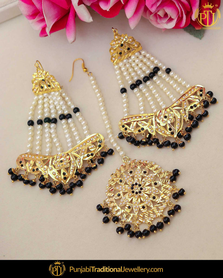 Gold Finished Black Jadau Pearl Earring Tikka Set | Punjabi Traditional Jewellery Exclusive