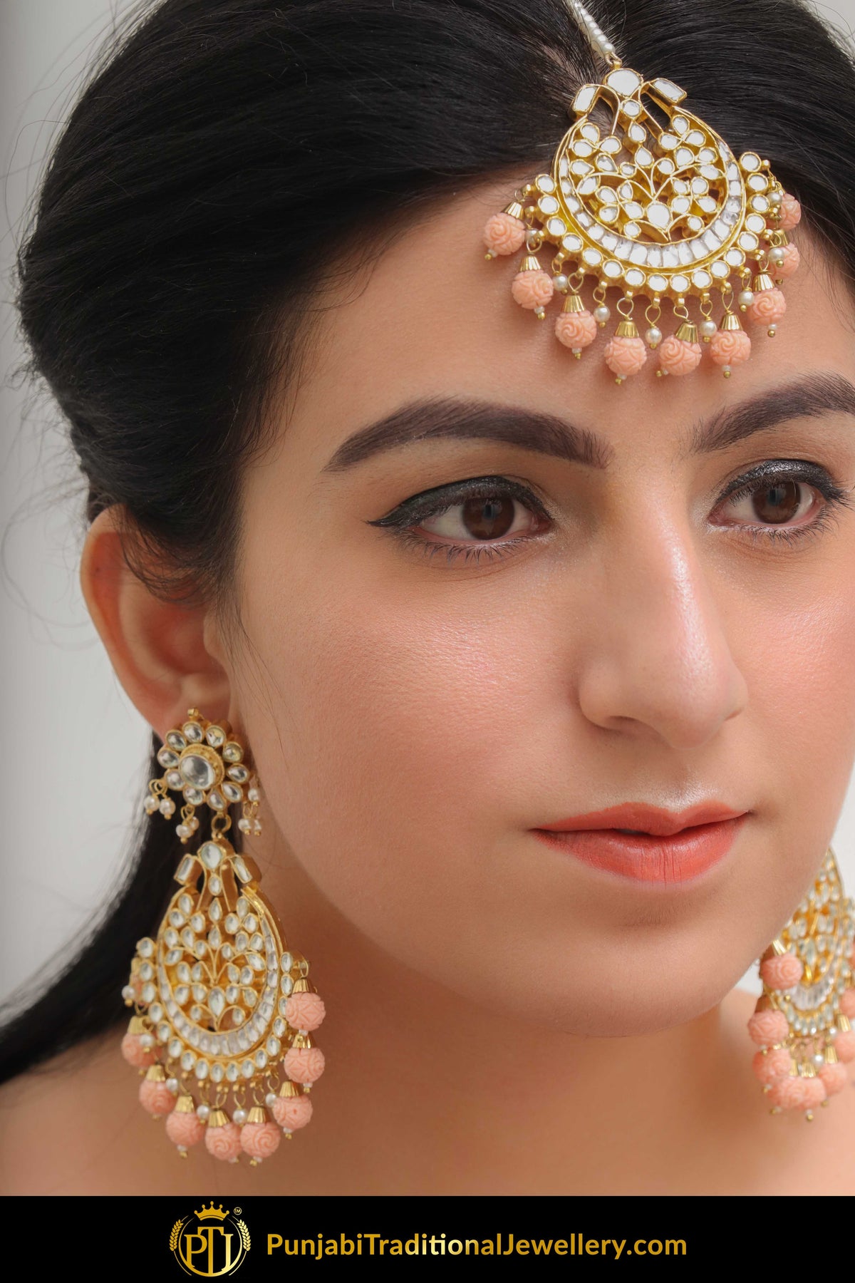 Hajjah Peach Kundan Earring Tikka Set | Punjabi Traditional Jewellery Exclusive