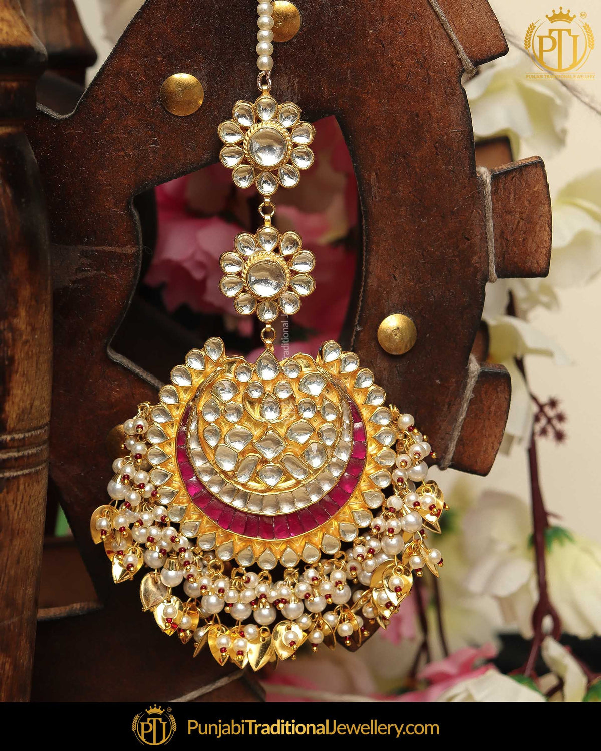 Gold Finished Pippal Patti Rubby Kundan Pearl Tikka | Punjabi Traditional Jewellery Exclusive