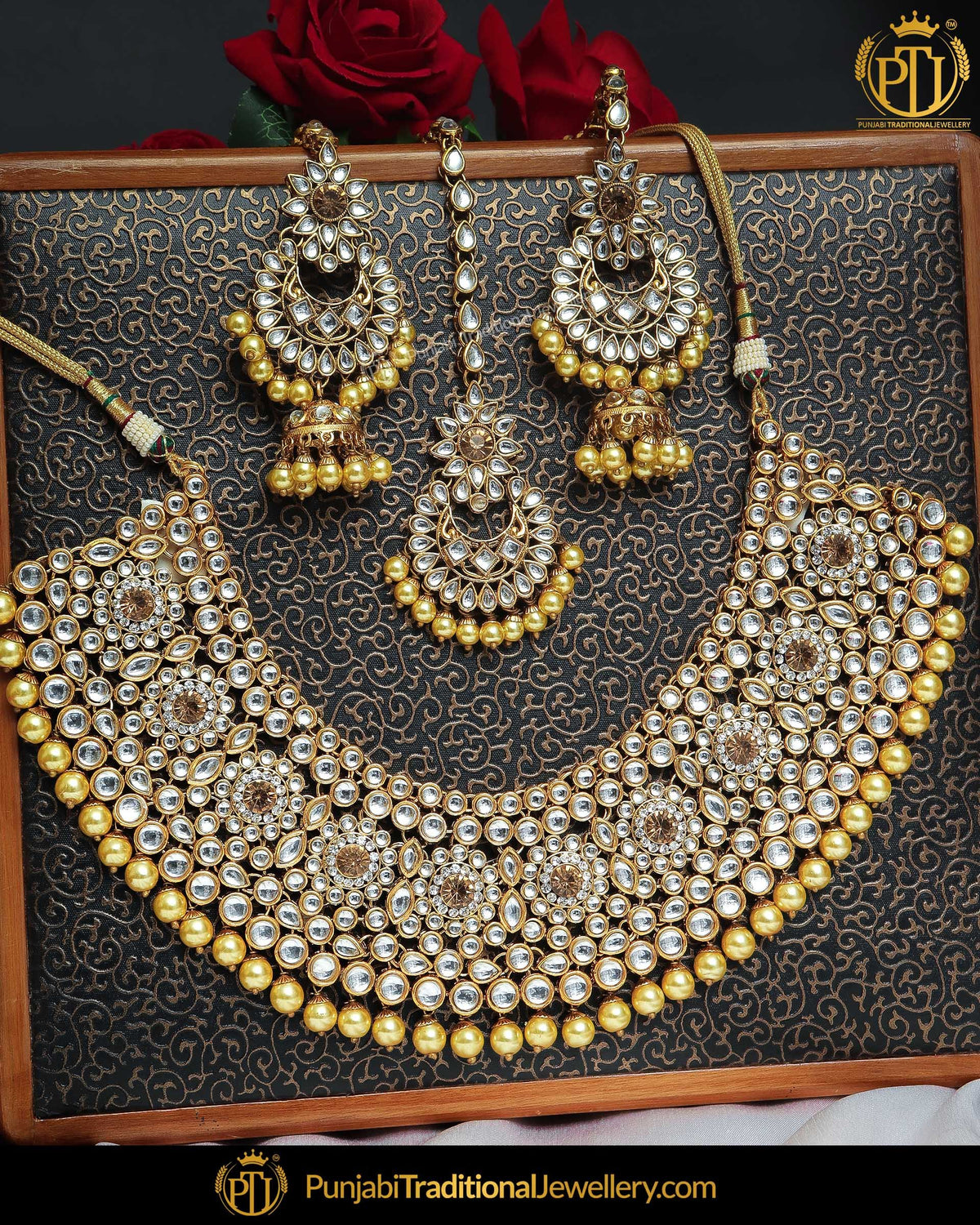 Gold Finished Kundan Pearl Necklace Set | Punjabi Traditional Jewellery Exclusive