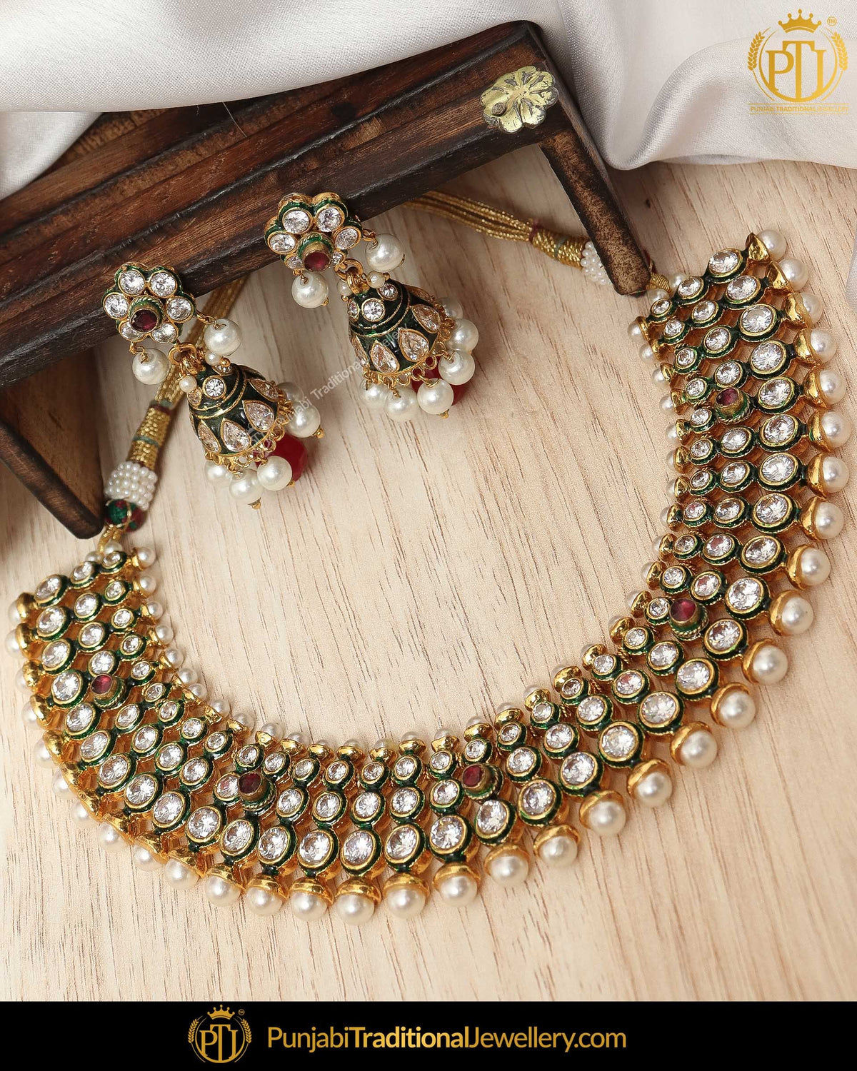 Antique Gold Finished Rubby Emerald Kundan Pearl Necklace Set  | Punjabi Traditional Jewellery Exclusive