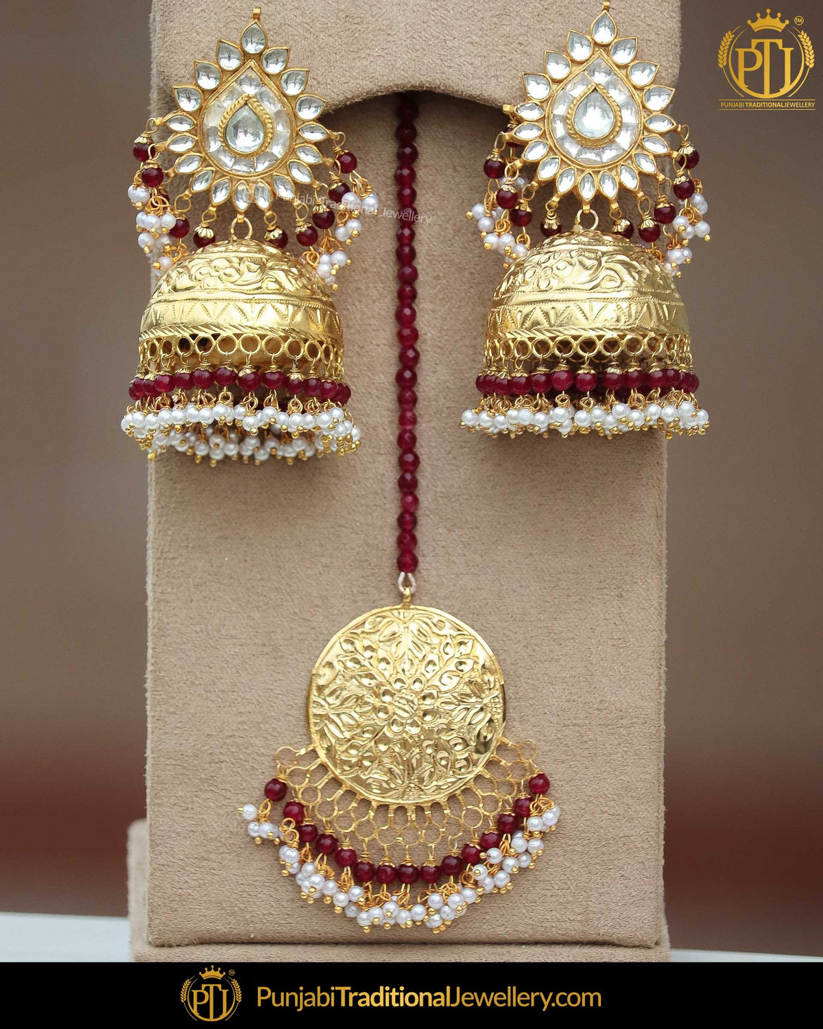 Gold Finished Jhumki Rubby Kundan Pearl Earring Tikka Set | Punjabi Traditional Jewellery Exclusive