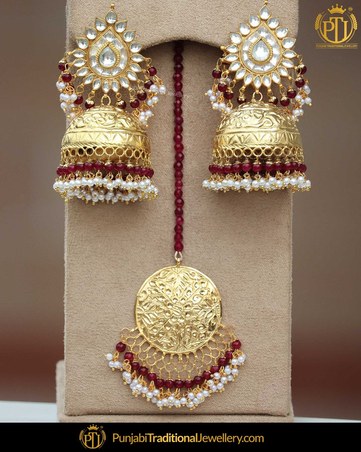 Gold Finished Jhumki Rubby Kundan Pearl Earring Tikka Set | Punjabi Traditional Jewellery Exclusive