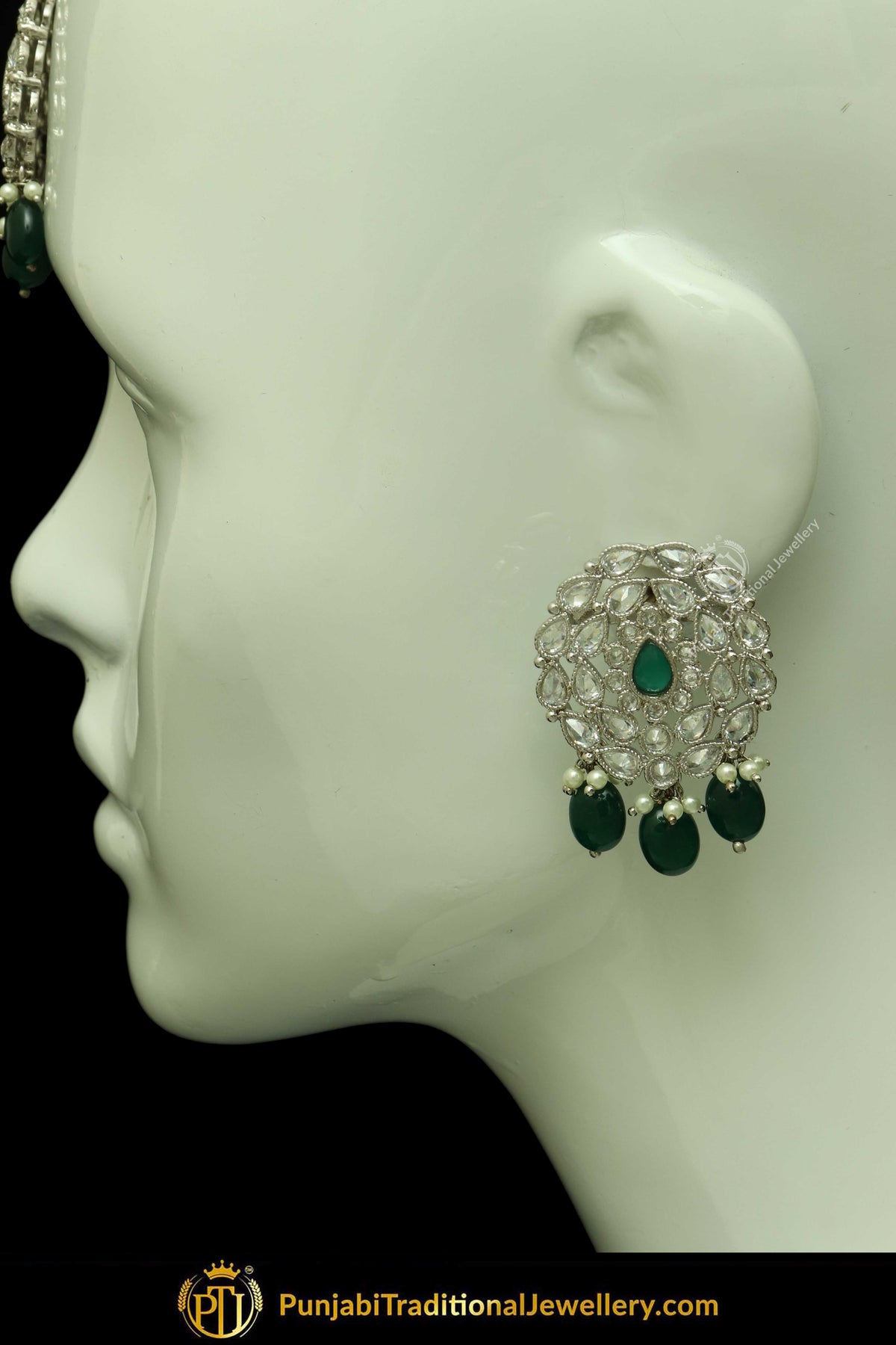 Silver Finished Polki Stone Emerald Drops Oversized Stud Earrings & Tikka Set By Punjabi Traditional Jewellery