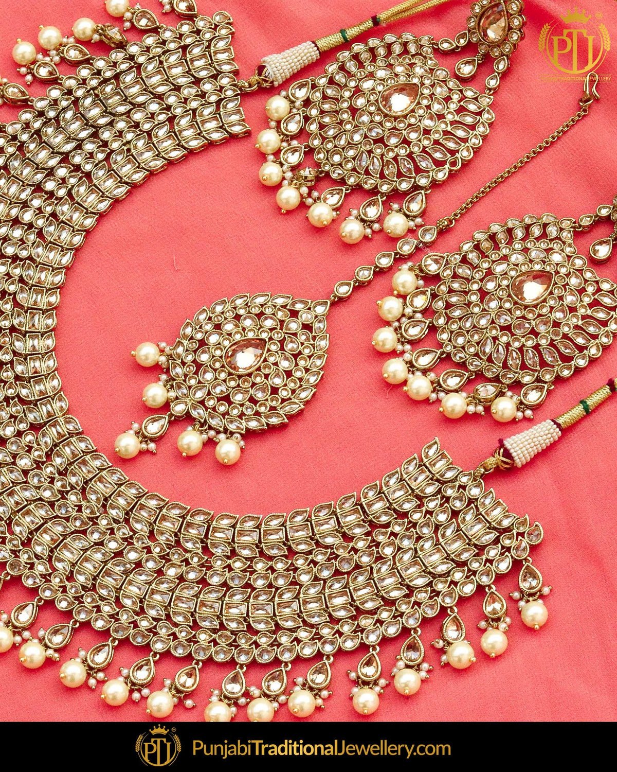 Antique Gold Finished Champagne Stone Pearl Necklace Set | Punjabi Traditional Jewellery Exclusive