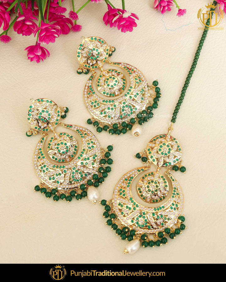 Gold Finished Emerald Jadau Earring Tikka Set | Punjabi Traditional Jewellery Exclusive