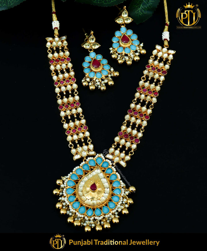 Kundan Rubby & Firozi Pearl Bridal Necklace Set | Punjabi Traditional Jewellery Exclusive