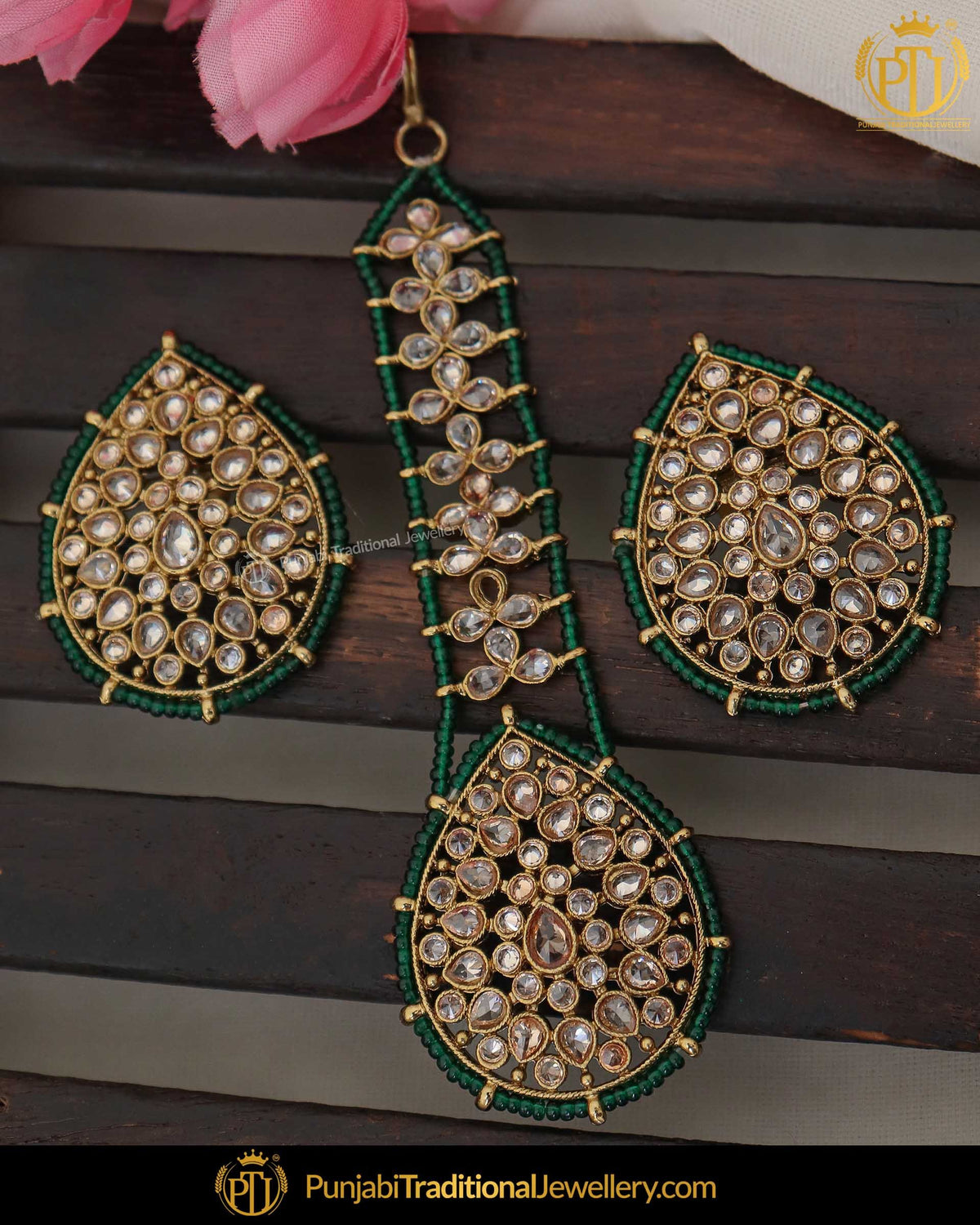 Gold Finished Green Champagne Stone Stud Earring Tikka Set | Punjabi Traditional Jewellery Exclusive