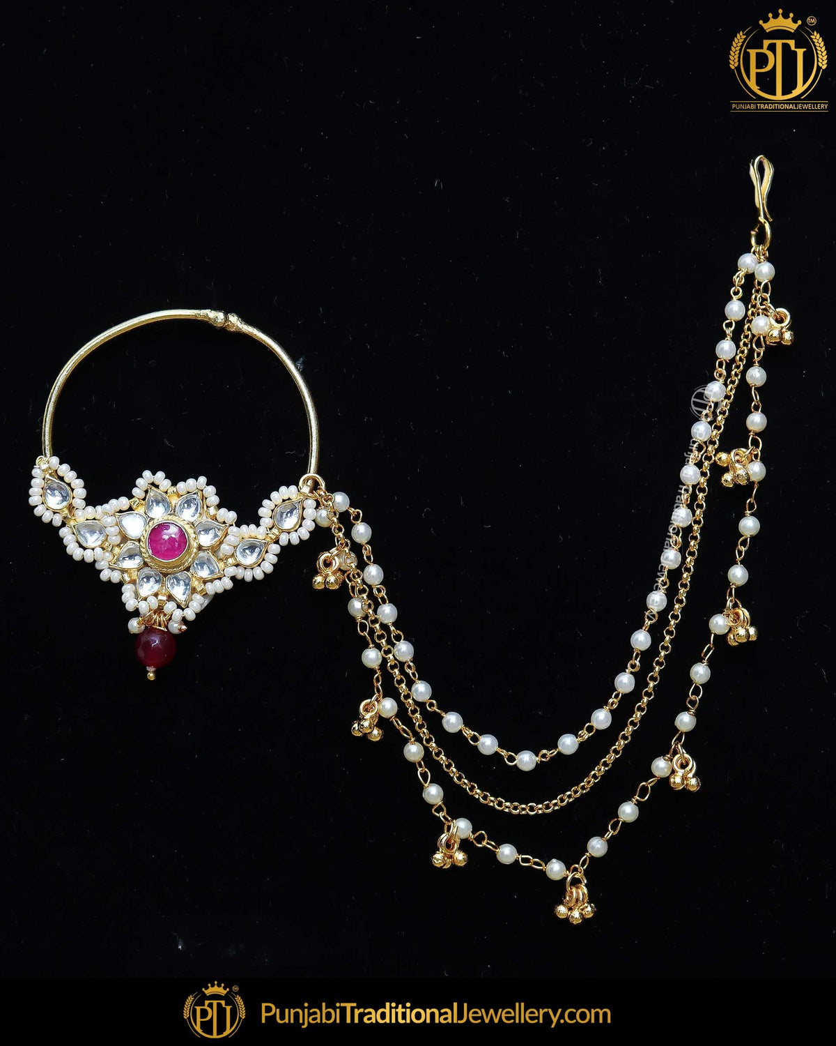 Gold Finished Rubby Kundan Pearl Nath | Punjabi Traditional Jewellery Exclusive