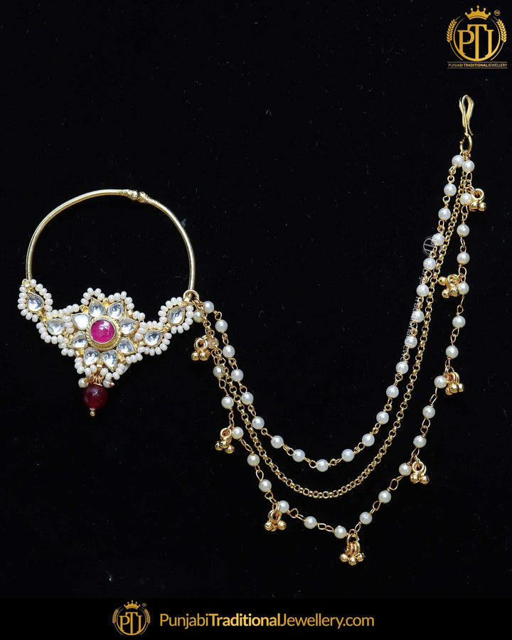 Gold Finished Rubby Kundan Pearl Nath | Punjabi Traditional Jewellery Exclusive