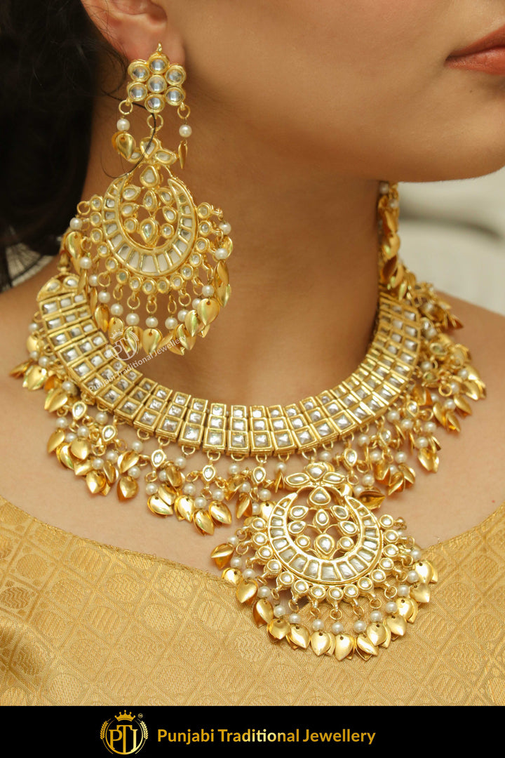 Khazanah Gold Finished Pippal Patti Kundan Necklace Set | Punjabi Traditional Jewellery Exclusive