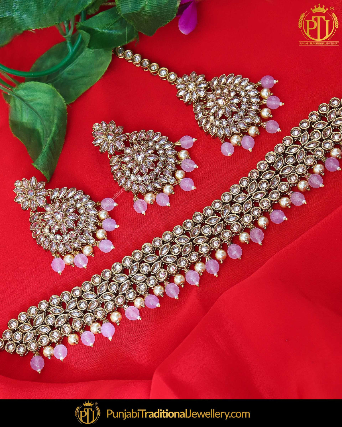 Gold Finished Pink Chamapgne Stone Pearl Choker Necklace Set | Punjabi Traditional Jewellery Exclusive