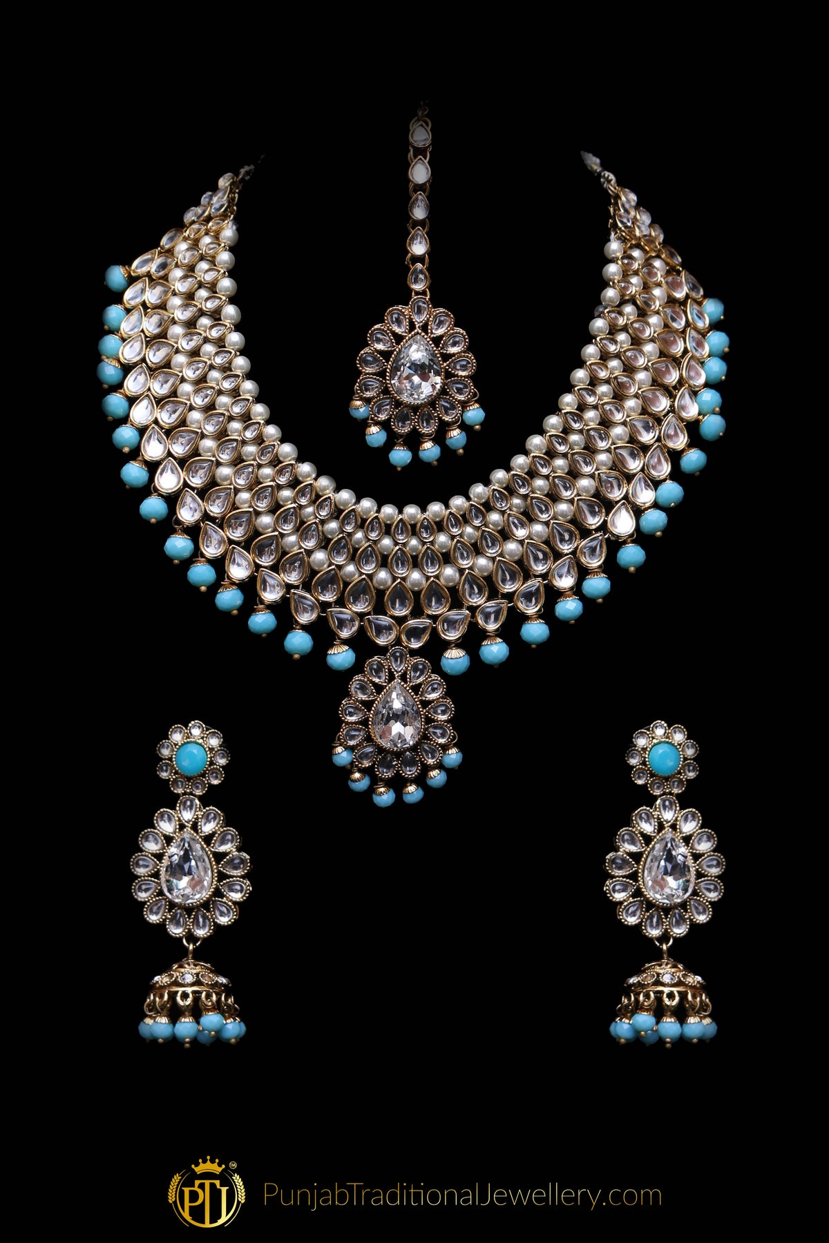 Firozi Pearl Kundan Necklace Set By  Punjabi Traditional Jewellery