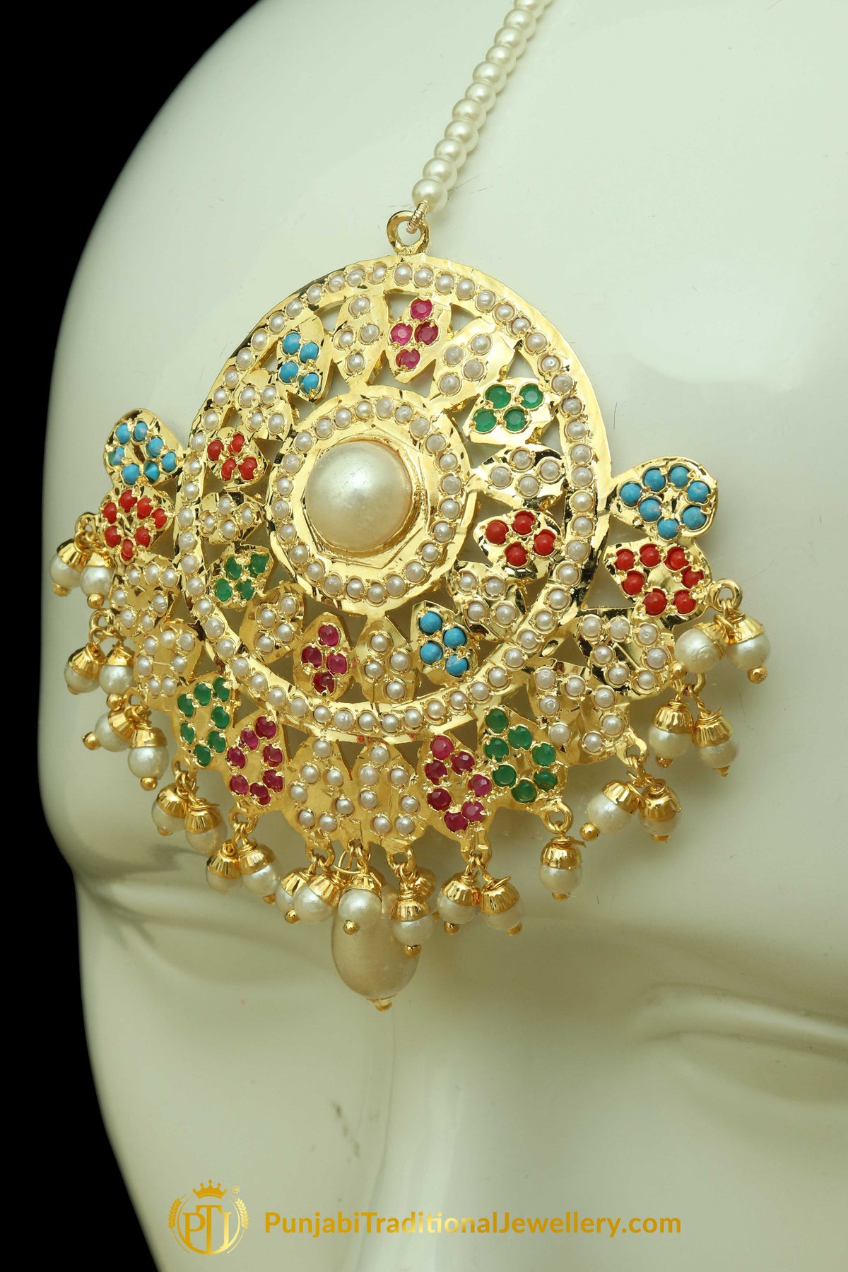 Multi Jadau Pearl Earring Tikka Set By Punjabi Traditional Jewellery