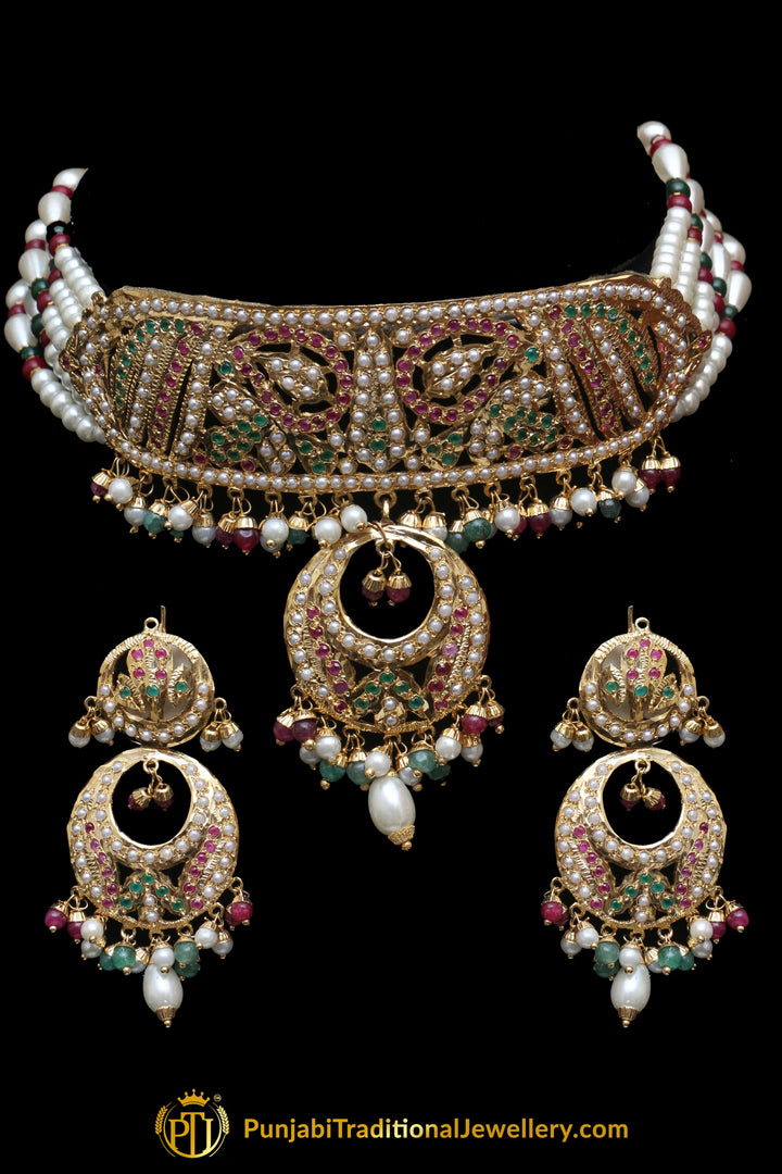 Jadau Multi Pearl Choker Necklace Set By Punjabi Traditional Jewellery