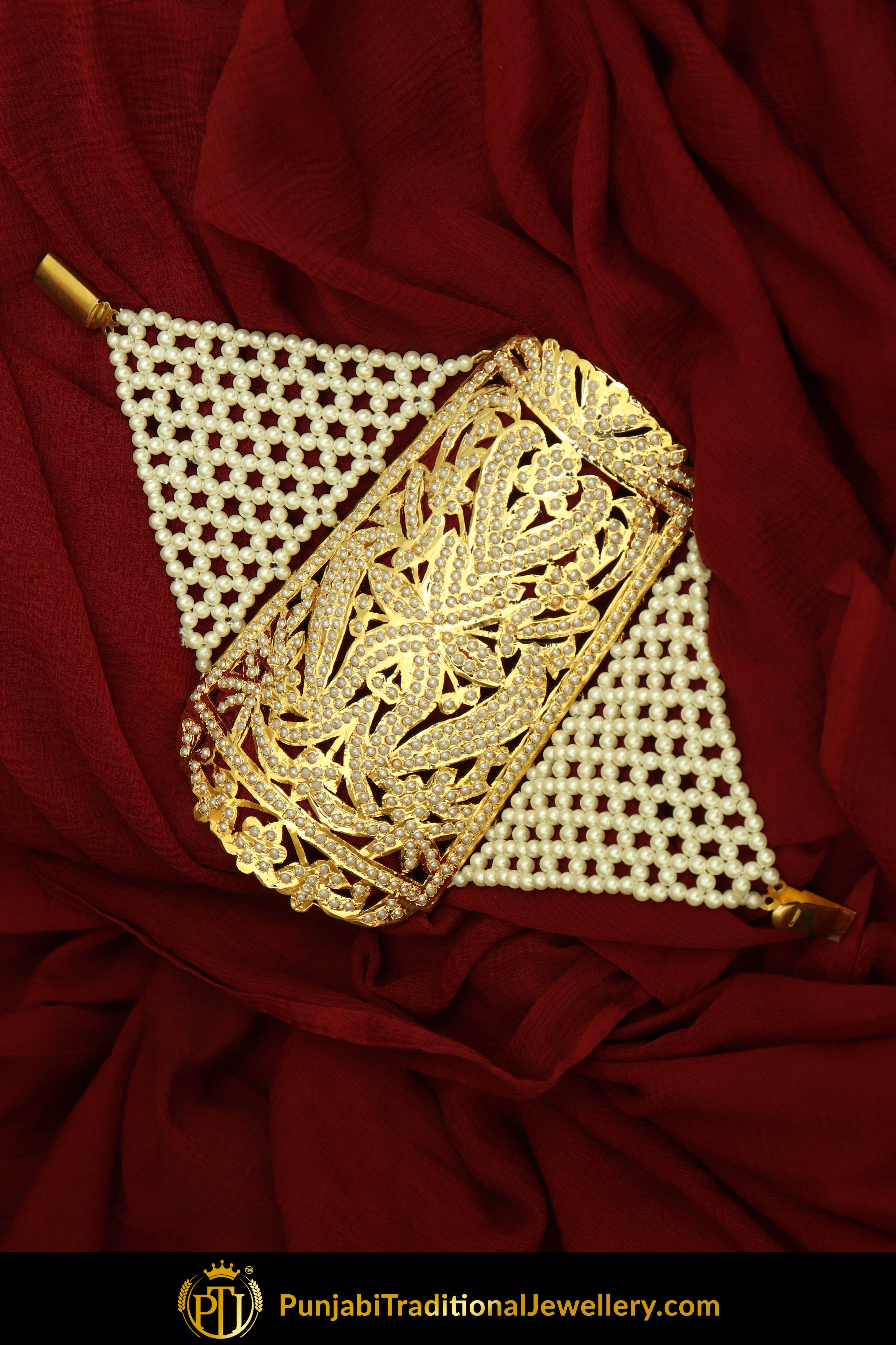 Gold Finished Pearl Jadau Bracelet | Punjabi Traditional Jewellery Exclusive