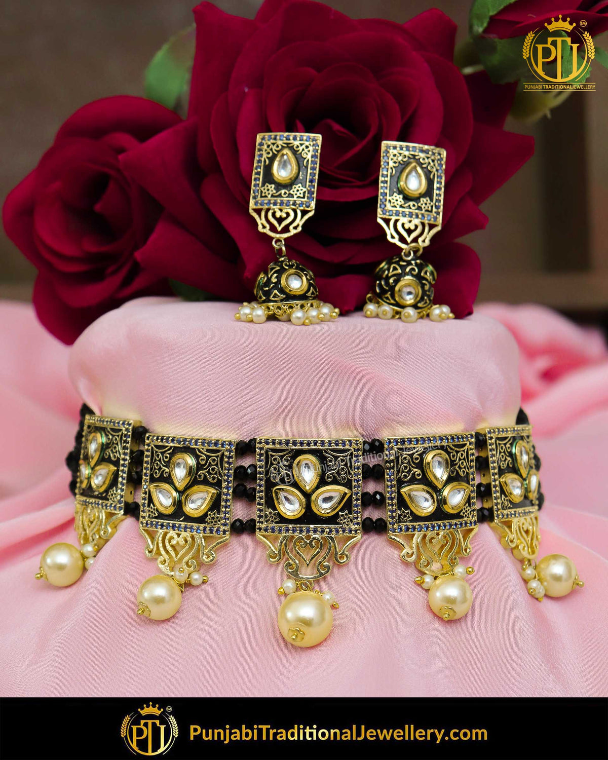 Black Hand-Painted Meena Kundan Pearl Choker Set | Punjabi Traditional Jewellery Exclusive
