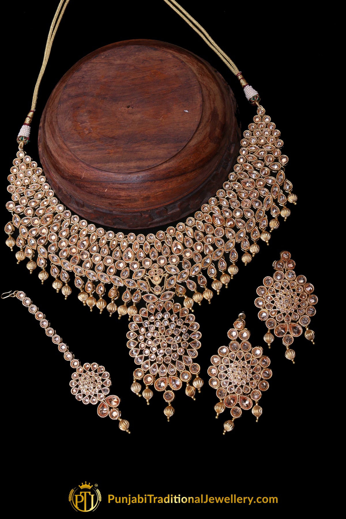 Pearl Champagne Stone Necklace Set By Punjabi Taditional Jewellery